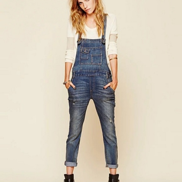 Free People Denim - Free People Distressed Dark Skinny Overalls